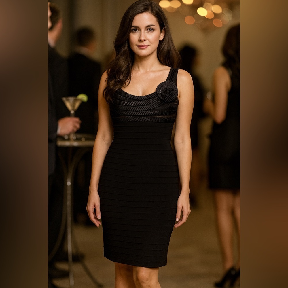 Adrianna Papell - Pleated Rosette Embellished Dress. Fits like. Medium.